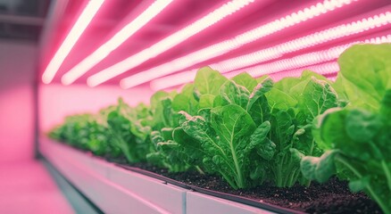 Wall Mural - A vibrant indoor garden with rows of fresh lettuce illuminated by pink LED grow lights, showcasing sustainable agriculture.