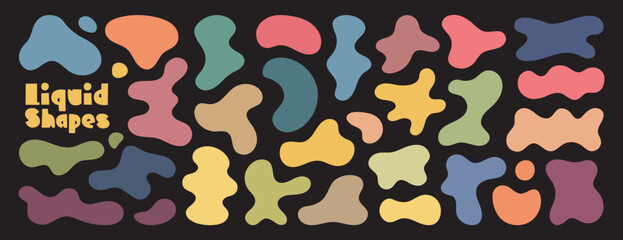 Wall Mural - collection of various colorful abstract liquid shapes in soft tones on dark background. each shape i