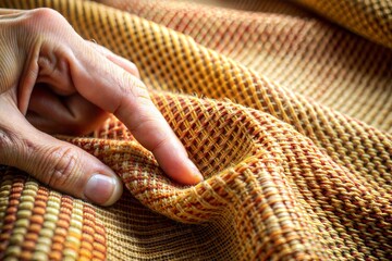 Sticker - Close-up of woven fabric with hand touching detailed texture