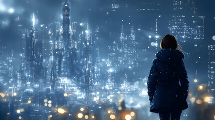 Poster - A Woman Stands Before a Futuristic Cityscape