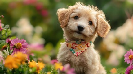 A cute puppy wearing a small, colorful bandana, sitting proudly in a garden surrounded by blooming flowers.