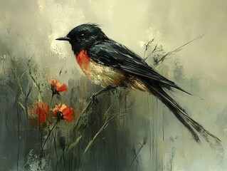 Wall Mural - A Striking Bird Perched on a Branch Amidst Flowers