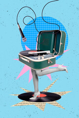 Canvas Print - Collage of headless absurd caricature woman dancing on vinyl disc cassette turntable with hanging microphone isolated on blue background