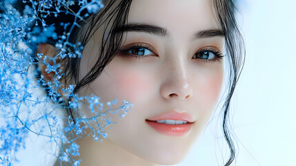 Canvas Print - Close-up Portrait of a Woman with Blue Flowers, Soft Skin, and a Gentle Smile