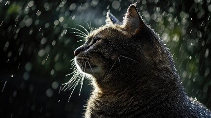 A large cat enjoying a gentle rain shower, its fur glistening with water droplets, creating a peaceful scene.