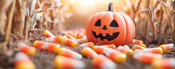 A creepy cornfield with a haunted pumpkin figure hiding among the stalks, with candy corn scattered around as if leading to a hidden surprise.