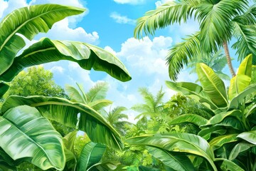 Wall Mural - Wall mural art, tropical trees wallpaper design, banana leaf, landscape, pastel tones, mural art, stock photos