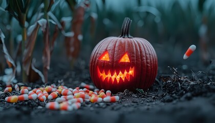 A sinister pumpkin face carved out with a glowing smile, alongside autumn crops like corn and candy corn, symbolizing the eerie beauty of the harvest season.