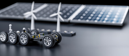 Electric vehicle model with solar panels and wind turbines in background