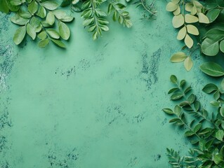 Wall Mural - Green Leaves Frame on a Turquoise Background