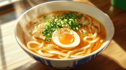 A bowl of fragrant and flavorful udon noodles in a rich and savory broth, garnished with green onions, tempura flakes, and a soft-boiled egg.