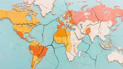 Naklejka na meble An artistic representation of a world map with visible cracks surrounding various countries on a textured surface.