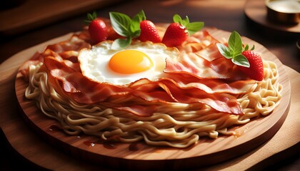 Wall Mural - Sunlit Spaghetti Carbonara Artfully Plated on Rustic Wood Chopping Block