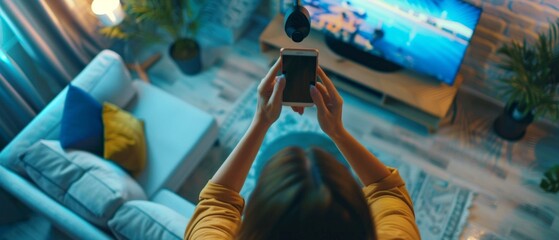 A woman in a black top sits in a cozy, modern living room at night, holding a smartphone. The well-furnished space includes a TV, chair, rug, and plants.