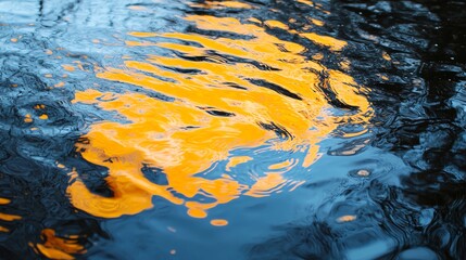 A mesmerizing reflection of orange hues on a tranquil blue water surface, creating a serene and artistic visual experience.