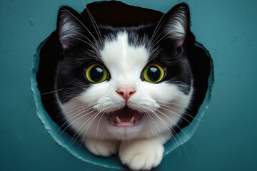 Poster - A black and white cat with green eyes looking out of a hole in a blue wall