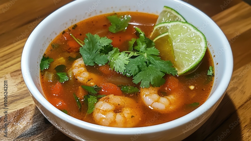 A bowl of tom yum soup garnished with fresh cilantro leaves and slices of lime, ready to be enjoyed as a spicy and comforting meal.