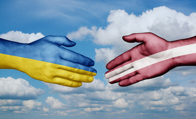 Latvia and Ukraine country handshaking with flags, consensus concept international co-operation illustration