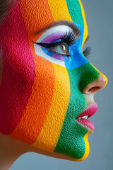 Poster - A woman with a rainbow painted face and eyelashes