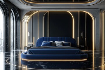 luxury blue bed in futuristic hotel room with sleek furniture featuring black and cream palette 