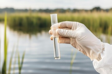 a volunteer holding a test tube with a water sample, monitoring pollution levels in a nearby lake af