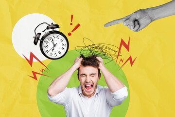 Creative collage picture young stressed irritated man trouble alarm clock deadline miss arrangement appointment overloaded employee