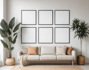 Mock up frames hanging on a white wall with minimal decoration in living room 