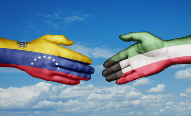 Kuwait and Venezuela country handshaking with flags, consensus concept international co-operation illustration