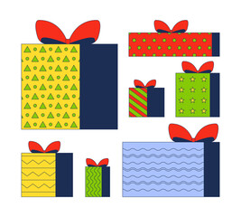 Wall Mural - Wrapped gifts with bows 2D cartoon objects set. Ribbons parcels Christmas presents. Festive knot giftboxes isolated elements flat vector cliparts on white background. Spot illustrations collection