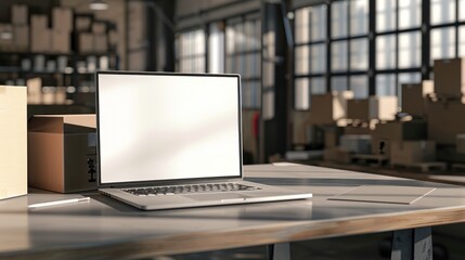 Poster - Laptop on a Table in a Warehouse