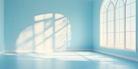 Wall Mural - Empty room with pale blue walls and a large window, sunlight casting geometric shadows in a minimalist interior setting, creating a soft, tranquil ambiance with photorealistic quality.