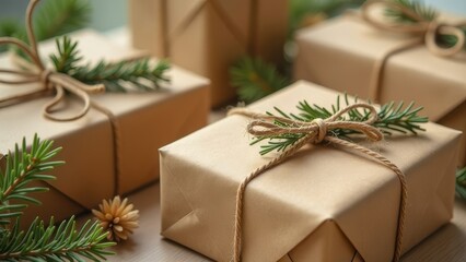 Eco-friendly kraft paper gift boxes, adorned with twine and pine branches, sustainable holiday, environmental concept