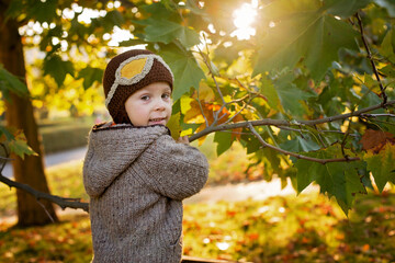 Poster - Happy child, playing in autumn park on sunset