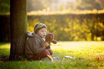 Wall Mural - Little toddler child, boy, playing with airplane and knitted teddy bear in autumn park