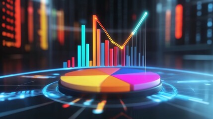 Fototapete - A rotating 3D pie chart with colorful, glossy slices, showing data analysis trends in a futuristic environment, with floating percentages and digital lines
