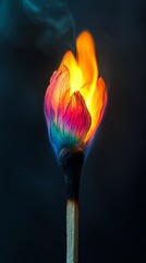 Wall Mural - colorful flower burning on a matchstick with smoke