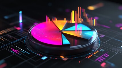 Fototapete - A rotating 3D pie chart with colorful, glossy slices, showing data analysis trends in a futuristic environment, with floating percentages and digital lines