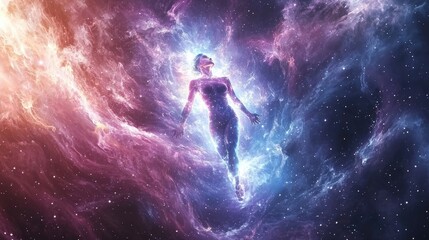 Wall Mural - photorealistic image of a woman undergoing a mystical body transformation, surrounded by swirling ga