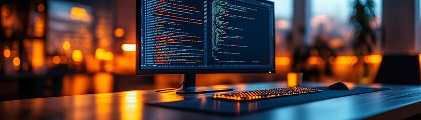 Desktop setup with code on screen and ambient lighting.