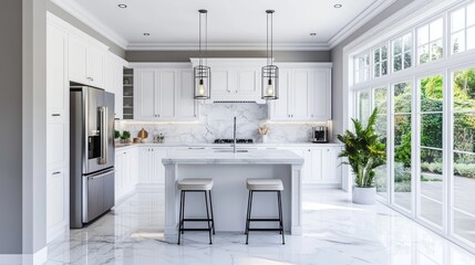 Canvas Print - Modern Kitchen with White Cabinets and Marble Floors