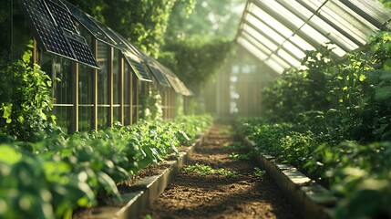 Wall Mural - agricultural innovation using agrivoltaics, combining solar panels and crops for a sustainable farming solution that generates renewable energy while producing food