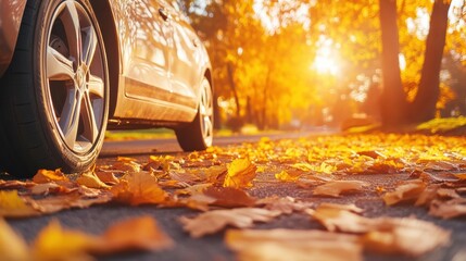 Car parked on a road covered with autumn leaves at sunset