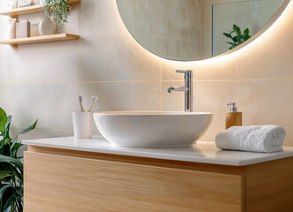 A modern bathroom with a white marble sink, a round  illuminated mirror,. There are potted plants in the background