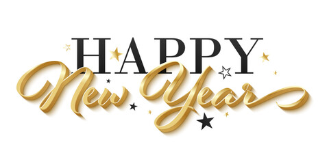 HAPPY NEW YEAR black and gold vector typography banner with stars