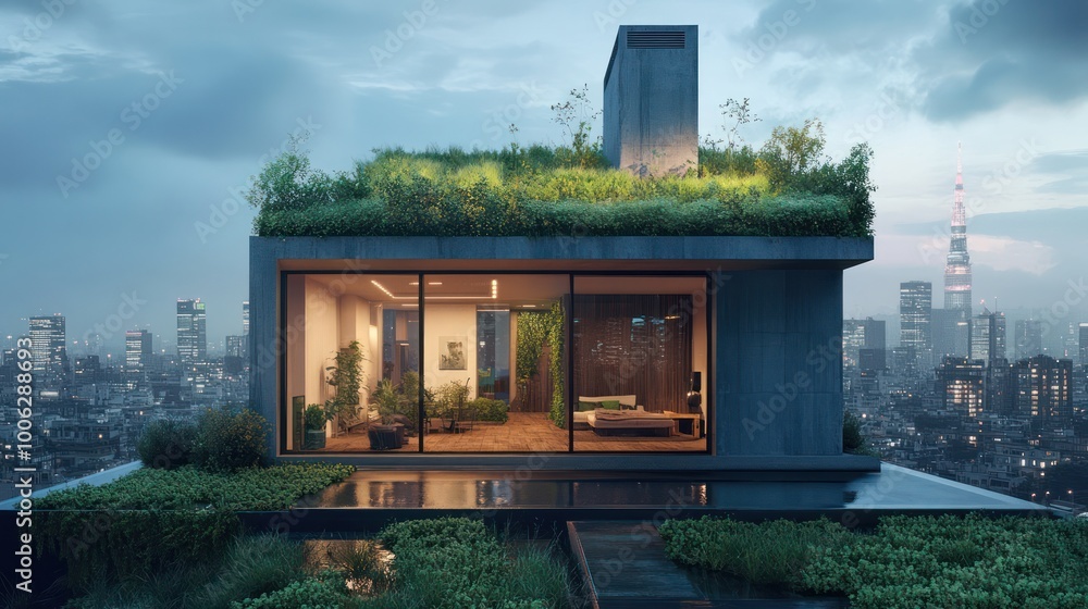 Picture of Urban house equipped with a green roof, smart technology illustrating ...