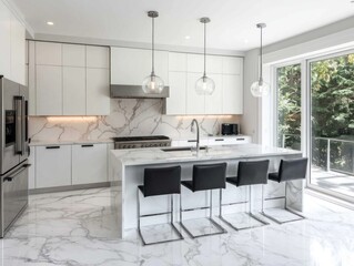 Canvas Print - Modern Kitchen with Marble Countertops and Island