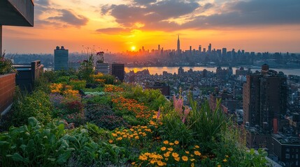 Wall Mural - Sunset over NYC from a Rooftop Garden