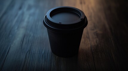 Wall Mural - Black Coffee Cup on Wooden Table