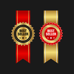 label badge sticker best seller product packaging logo design with medal gold and red ribbon vector 