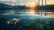 © Teeranan - A factory releases toxic waste into a river, with fish swimming near the surface in the foreground, highlighting the direct impact of industrial pollution on aquatic life